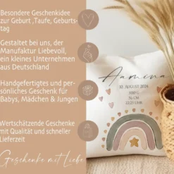 Kissen zur Geburt u. Taufe mit Namen u. Geburtsdaten, Motiv: Regenbogen