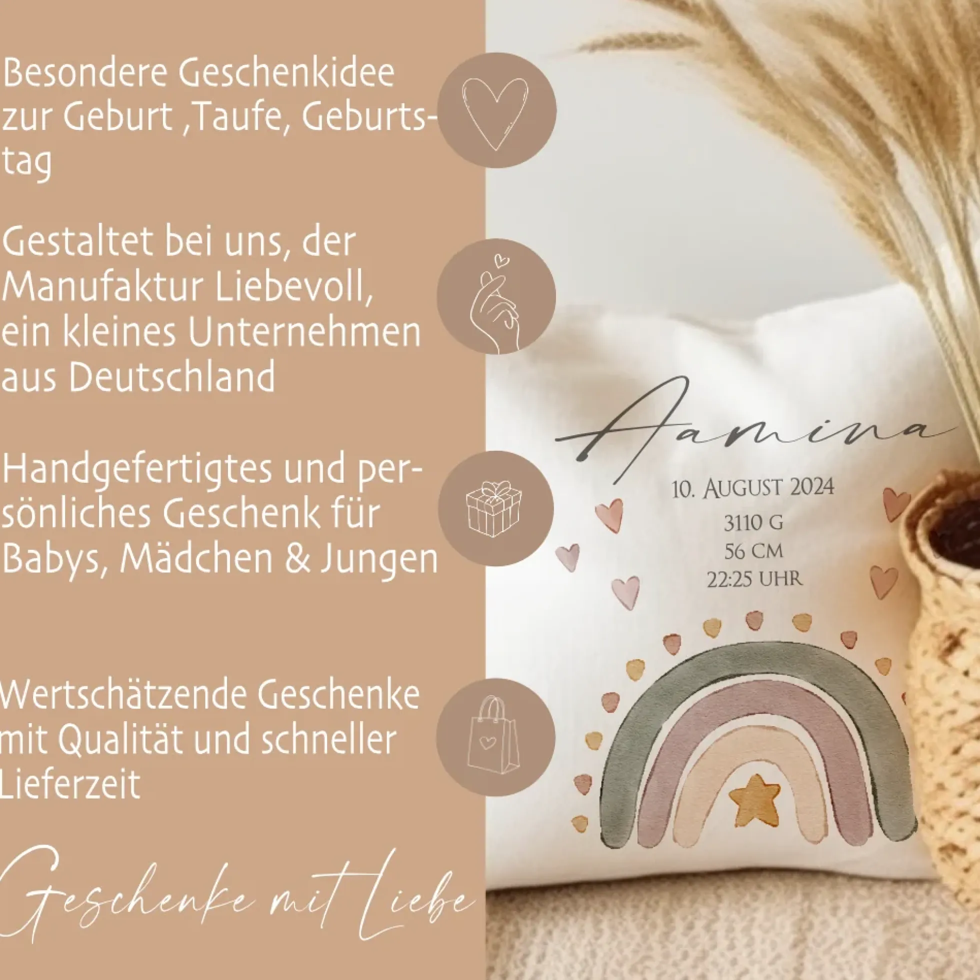 Kissen zur Geburt u. Taufe mit Namen u. Geburtsdaten, Motiv: Regenbogen