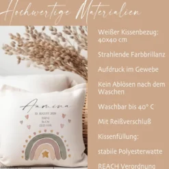 Kissen zur Geburt u. Taufe mit Namen u. Geburtsdaten, Motiv: Regenbogen