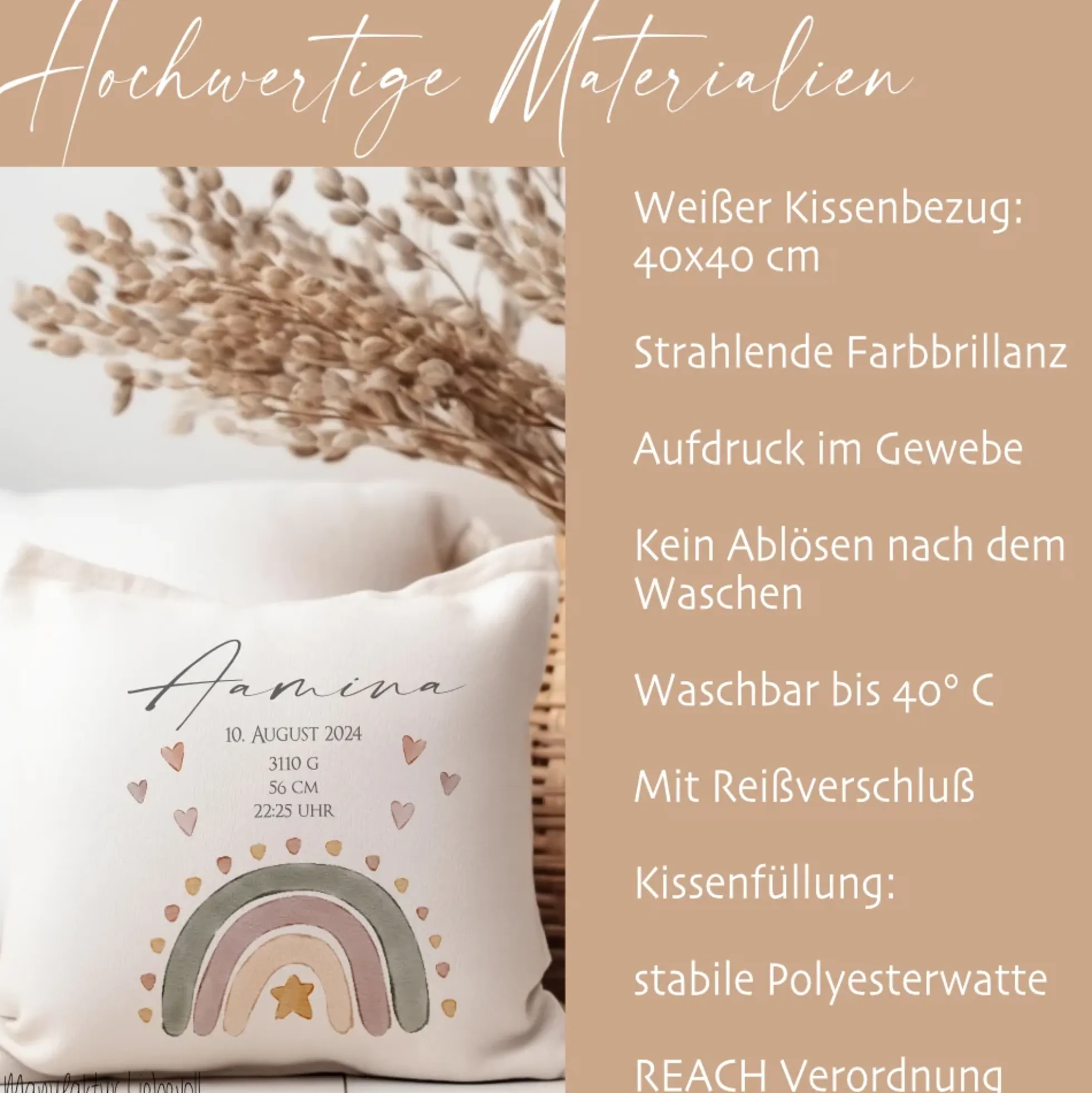 Kissen zur Geburt u. Taufe mit Namen u. Geburtsdaten, Motiv: Regenbogen