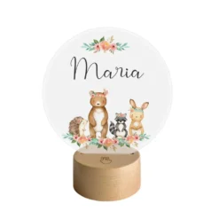 LED Lampe "Boho Tiere" mit Namen des Kindes | Personalisierte Nachttischlampe in Rund aus Holz und Acryl