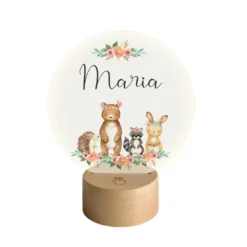 LED Lampe "Boho Tiere" mit Namen des Kindes | Personalisierte Nachttischlampe in Rund aus Holz und Acryl