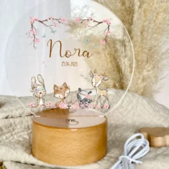 LED Lampe mit Namen des Kindes | Personalisierte Baby Nachttischlampe in Rund aus Holz und Acryl I Geschenk zur Geburt & Taufe Mädchen & Jungen