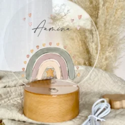 LED Lampe mit Namen des Kindes | Personalisierte Baby Nachttischlampe in Rund aus Holz und Acryl I Geschenk zur Geburt & Taufe Mädchen & Jungen