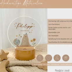 LED Lampe mit Namen des Kindes | Personalisierte Baby Nachttischlampe in Rund aus Holz und Acryl I Geschenk zur Geburt & Taufe Mädchen & Jungen