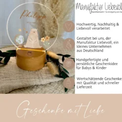 LED Lampe mit Namen des Kindes | Personalisierte Baby Nachttischlampe in Rund aus Holz und Acryl I Geschenk zur Geburt & Taufe Mädchen & Jungen