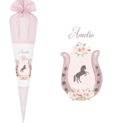 Liebevoll genähte Schultüte aus Stoff für Mädchen | Personalisierte Stoffschultüte "Pony u. Hufeisen" | Optional mit Füllkissen und Spitzenschutz