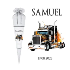 LKW Truck Schultüte für Jungen mit Namen Lastwagen Stoff Zuckertüte Personalisiert Einschulungstüte Datum Füllkissen 70 cm | Optional mit Füllkissen und Spitzenschutz