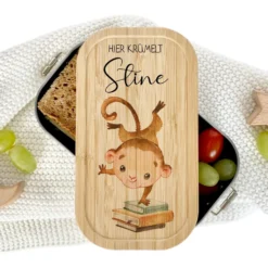 Lunchbox "Affe" wählbar in Edelstahl mit Bambusdeckel und Namen für Kinder | Brotdose mit Affenmotiv | Personalisiertes Geschenk für Kinder