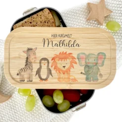 Lunchbox "Aquarell Tiere" wählbar in Edelstahl mit Bambusdeckel und Namen für Kinder | Brotdose mit Tiermotiv | Personalisiertes Geschenk für Kinder