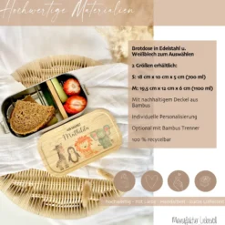Lunchbox "Aquarell Tiere" wählbar in Edelstahl mit Bambusdeckel und Namen für Kinder | Brotdose mit Tiermotiv | Personalisiertes Geschenk für Kinder