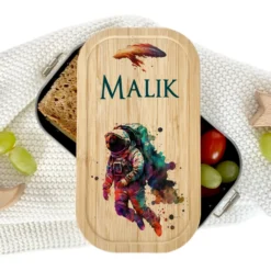 Lunchbox "Astronaut" wählbar in Edelstahl mit Bambusdeckel und Namen für Kinder | Brotdose mit Weltraum Motiv | Personalisiertes Geschenk für Kinder