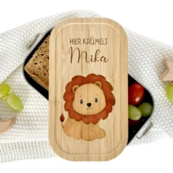 Lunchbox "Löwe" wählbar in Edelstahl mit Bambusdeckel und Namen für Kinder | Brotdose mit Tier Safari Motiv | Personalisiertes Geschenk für Kinder
