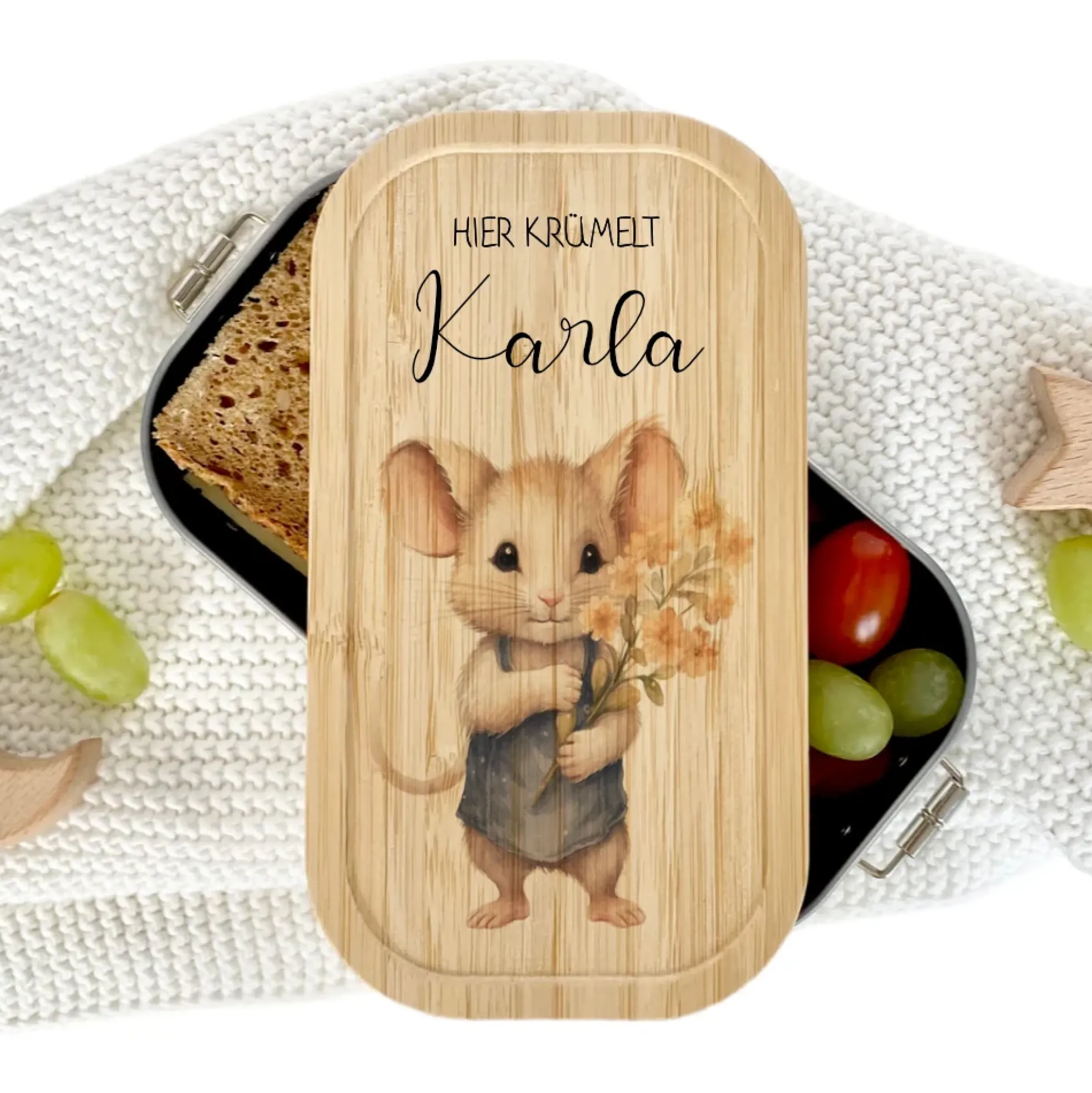 Lunchbox "Maus" wählbar in Edelstahl mit Bambusdeckel und Namen für Kinder | Brotdose mit Maus Motiv | Personalisiertes Geschenk für Kinder