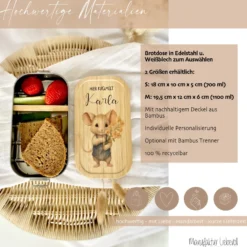 Lunchbox "Maus" wählbar in Edelstahl mit Bambusdeckel und Namen für Kinder | Brotdose mit Maus Motiv | Personalisiertes Geschenk für Kinder