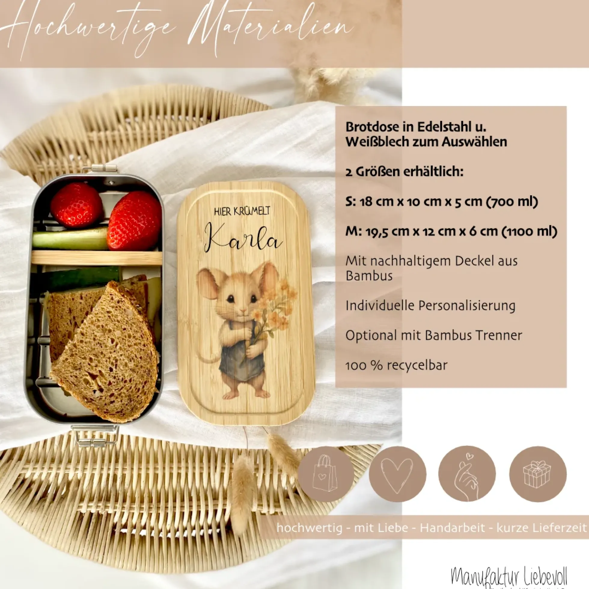 Lunchbox "Maus" wählbar in Edelstahl mit Bambusdeckel und Namen für Kinder | Brotdose mit Maus Motiv | Personalisiertes Geschenk für Kinder
