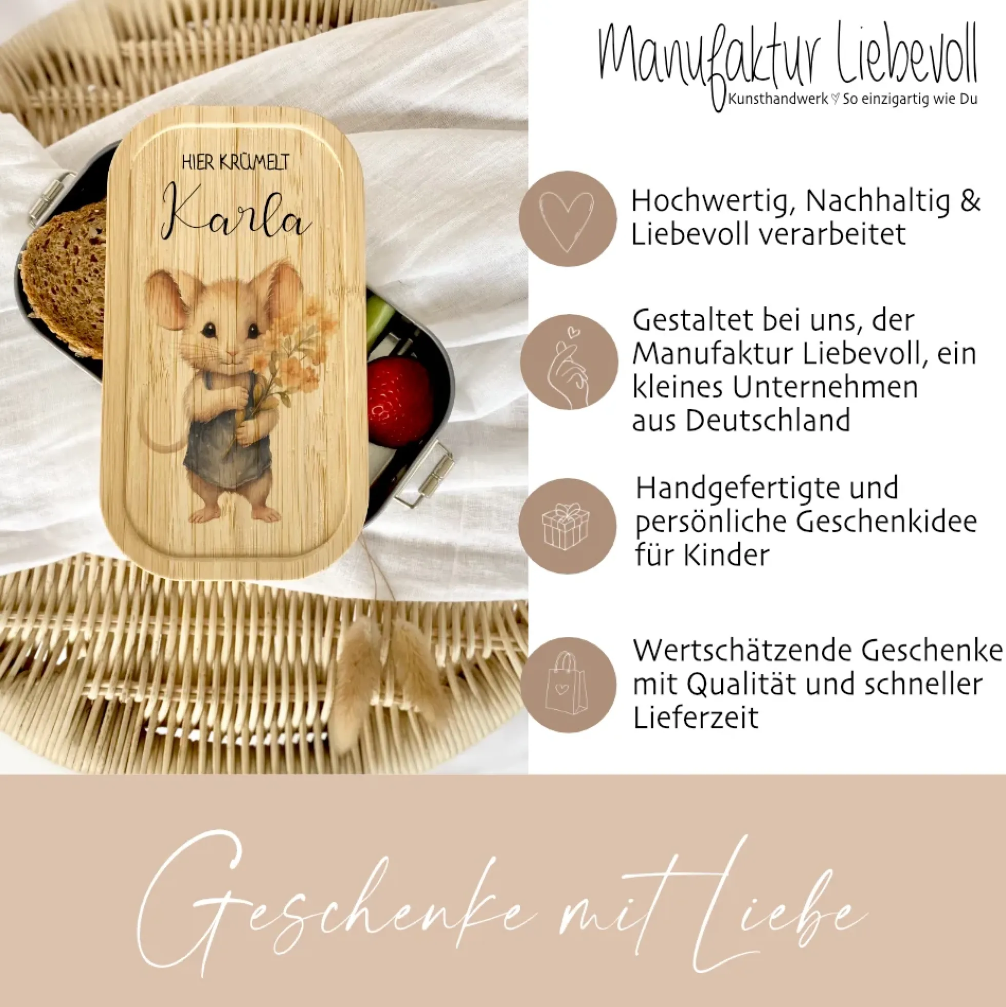 Lunchbox "Maus" wählbar in Edelstahl mit Bambusdeckel und Namen für Kinder | Brotdose mit Maus Motiv | Personalisiertes Geschenk für Kinder