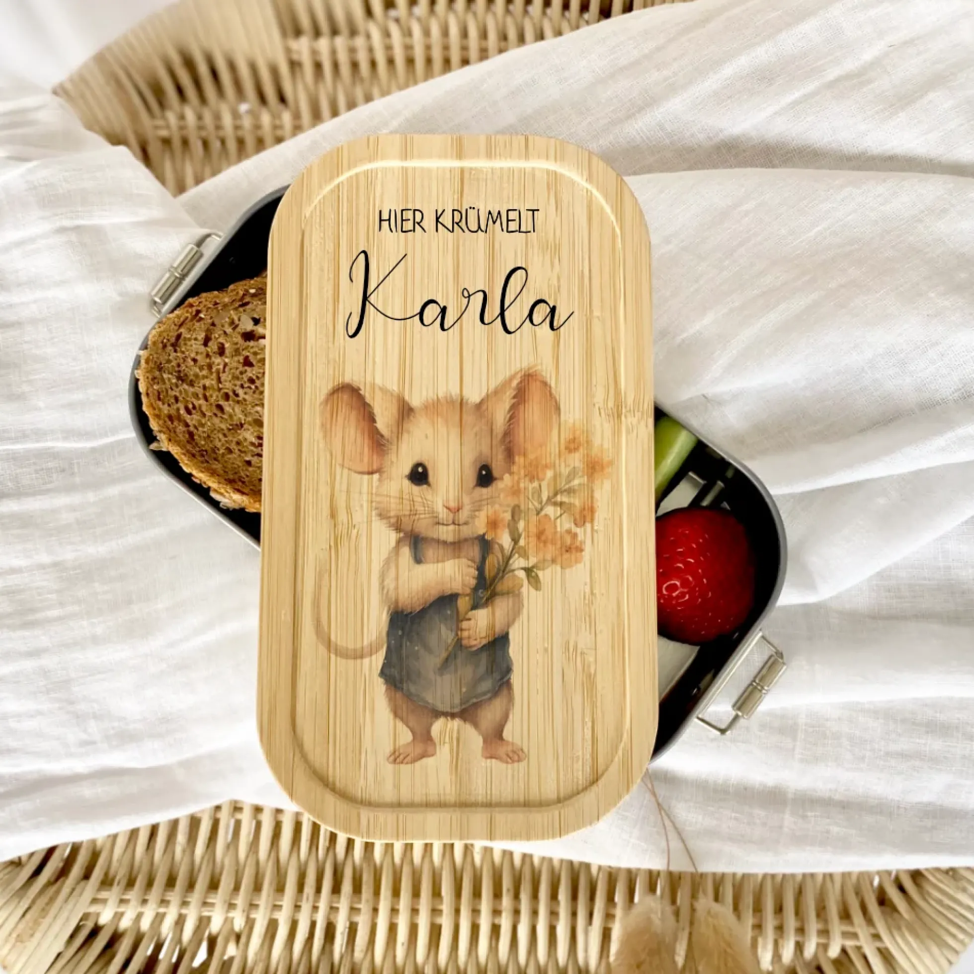 Lunchbox "Maus" wählbar in Edelstahl mit Bambusdeckel und Namen für Kinder | Brotdose mit Maus Motiv | Personalisiertes Geschenk für Kinder