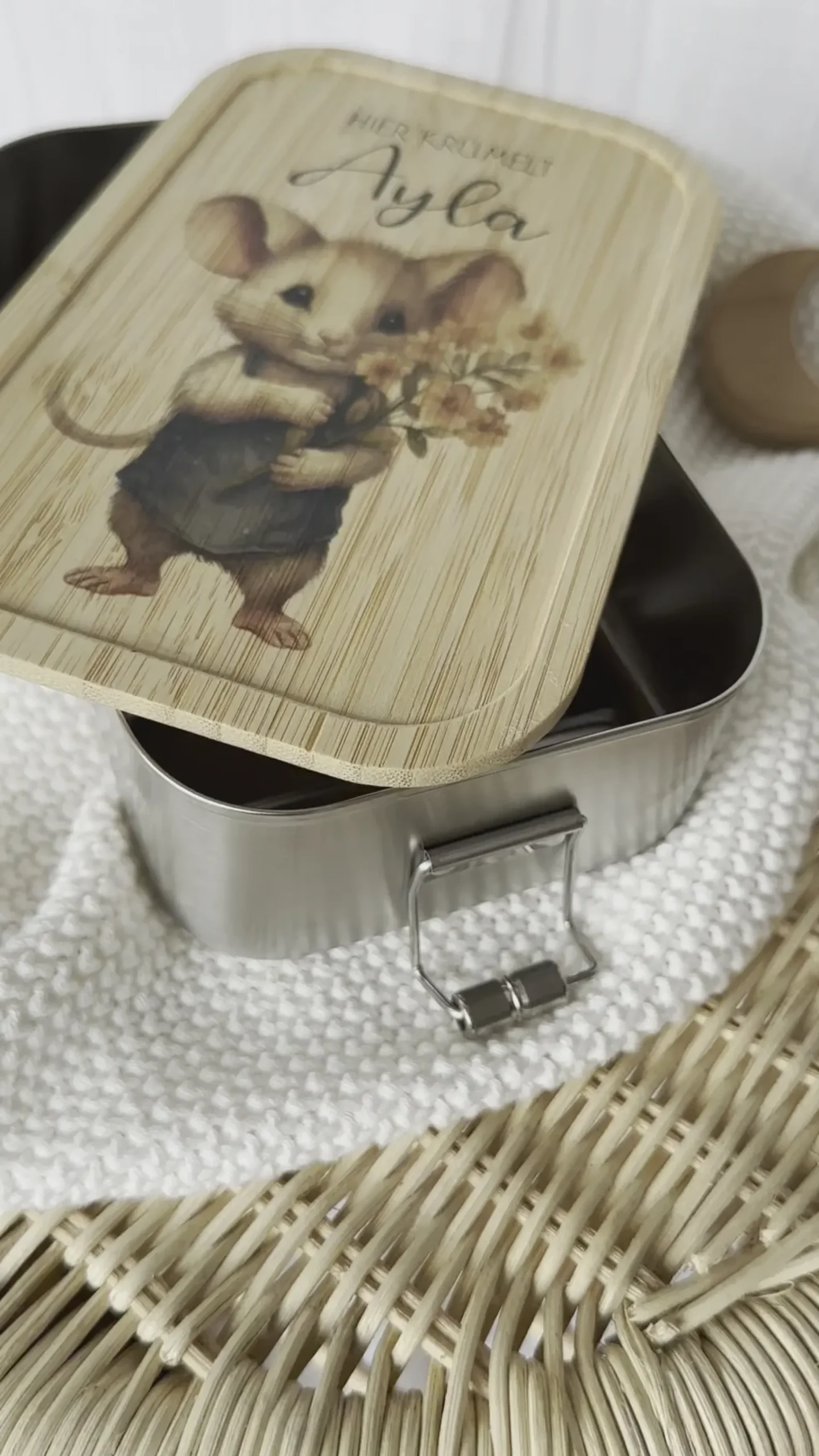 Lunchbox "Maus" wählbar in Edelstahl mit Bambusdeckel und Namen für Kinder | Brotdose mit Maus Motiv | Personalisiertes Geschenk für Kinder