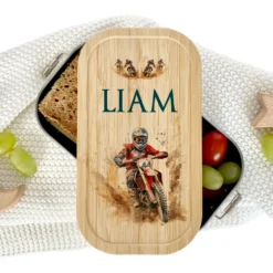 Lunchbox "Motorrad" wählbar in Edelstahl mit Bambusdeckel und Namen für Kinder Teenager | Brotdose mit Motocross Motorradfahrer Motiv | Personalisiertes Geschenk für Kinder