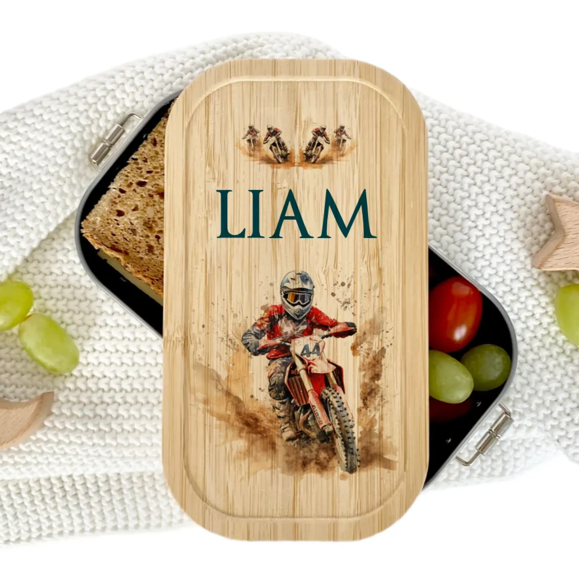 Lunchbox "Motorrad" wählbar in Edelstahl mit Bambusdeckel und Namen für Kinder Teenager | Brotdose mit Motocross Motorradfahrer Motiv | Personalisiertes Geschenk für Kinder