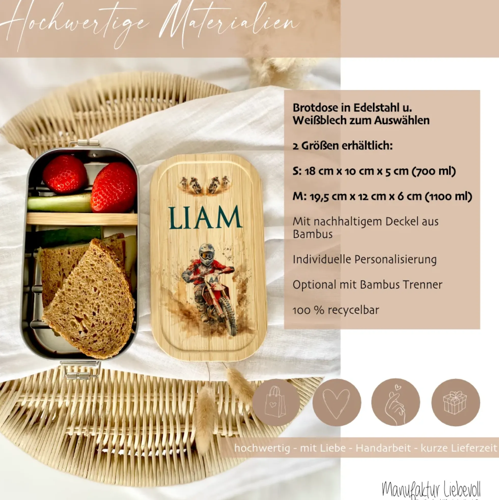 Lunchbox "Motorrad" wählbar in Edelstahl mit Bambusdeckel und Namen für Kinder Teenager | Brotdose mit Motocross Motorradfahrer Motiv | Personalisiertes Geschenk für Kinder
