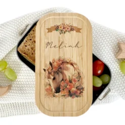 Lunchbox "Pony Pferd" wählbar in Edelstahl mit Bambusdeckel und Namen für Mädchen | Brotdose Pferdemädchen | Personalisiertes Geschenk für Kinder