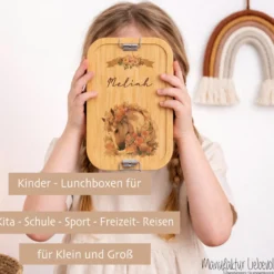 Lunchbox "Pony Pferd" wählbar in Edelstahl mit Bambusdeckel und Namen für Mädchen | Brotdose Pferdemädchen | Personalisiertes Geschenk für Kinder