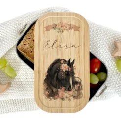 Lunchbox "Pony" wählbar in Edelstahl mit Bambusdeckel und Namen für Mädchen | Brotdose mit Pferde Motiv | Personalisiertes Geschenk für Kinder