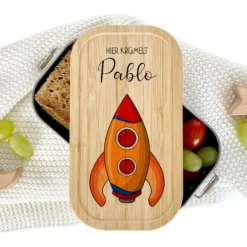 Lunchbox "Rakete" wählbar in Edelstahl mit Bambusdeckel und Namen für Kinder | Brotdose mit Weltall Weltraum Motiv | Personalisiertes Geschenk für Kinder
