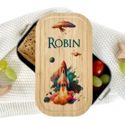 Lunchbox "Rakete" wählbar in Edelstahl mit Bambusdeckel und Namen für Kinder | Brotdose mit Weltraum Motiv | Personalisiertes Geschenk für Kinder