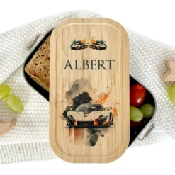 Lunchbox "Rennauto" wählbar in Edelstahl mit Bambusdeckel und Namen für Kinder | Auto Rennwagen Sportwagen Brotdose | Personalisiertes Geschenk für Kinder