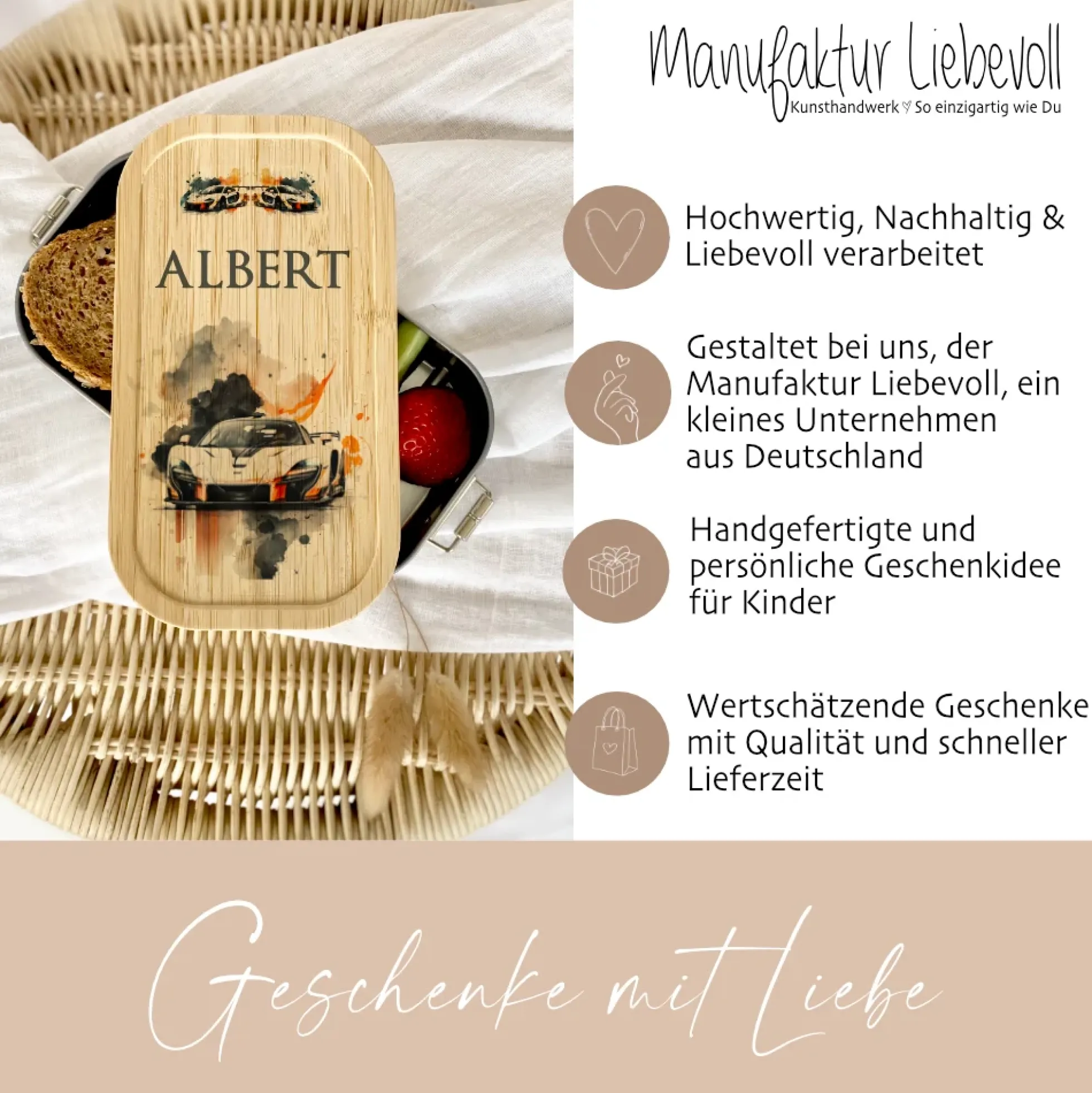 Lunchbox "Rennauto" wählbar in Edelstahl mit Bambusdeckel und Namen für Kinder | Auto Rennwagen Sportwagen Brotdose | Personalisiertes Geschenk für Kinder