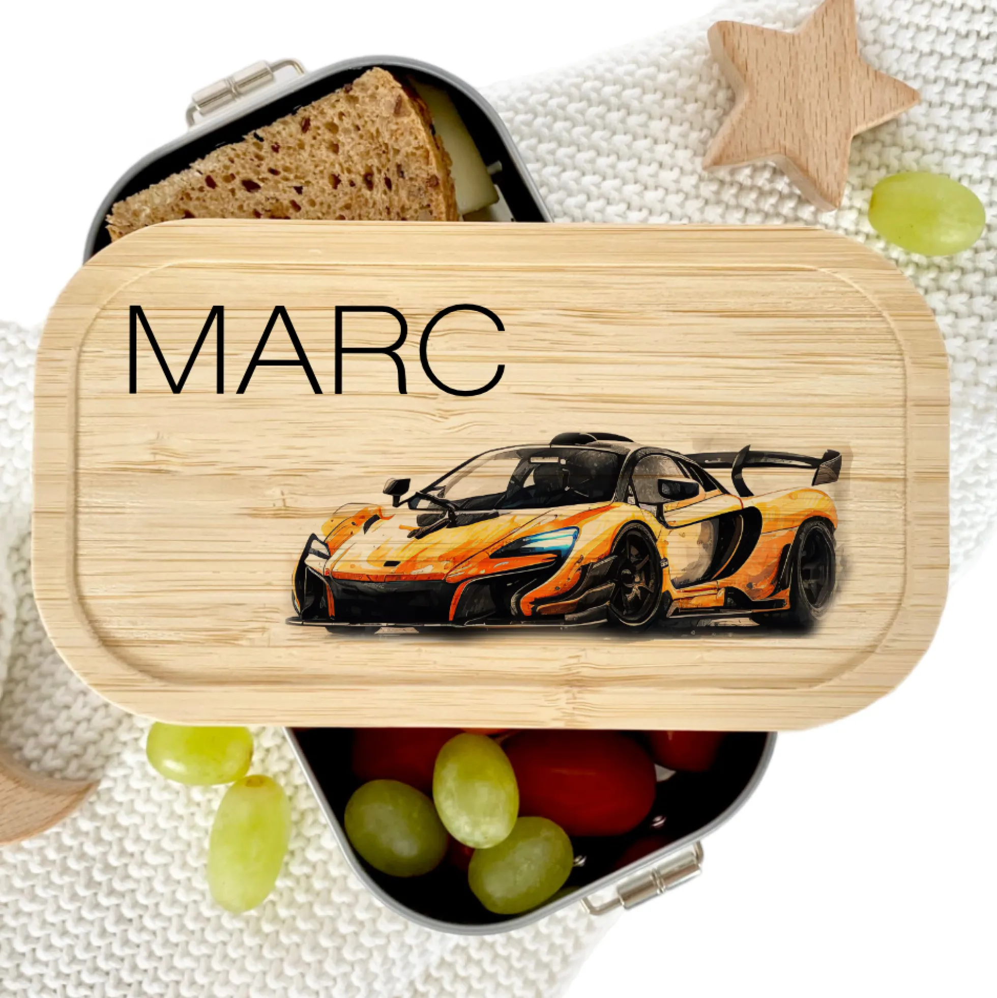 Lunchbox "Rennauto" wählbar in Edelstahl mit Bambusdeckel und Namen für Kinder | Brotdose mit Auto Rennwagen Sportwagen Motiv | Personalisiertes Geschenk für Kinder