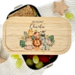 Lunchbox "Safari Tiere" wählbar in Edelstahl mit Bambusdeckel und Namen für Kinder | Brotdose mit Tiermotiv | Personalisiertes Geschenk für Kinder