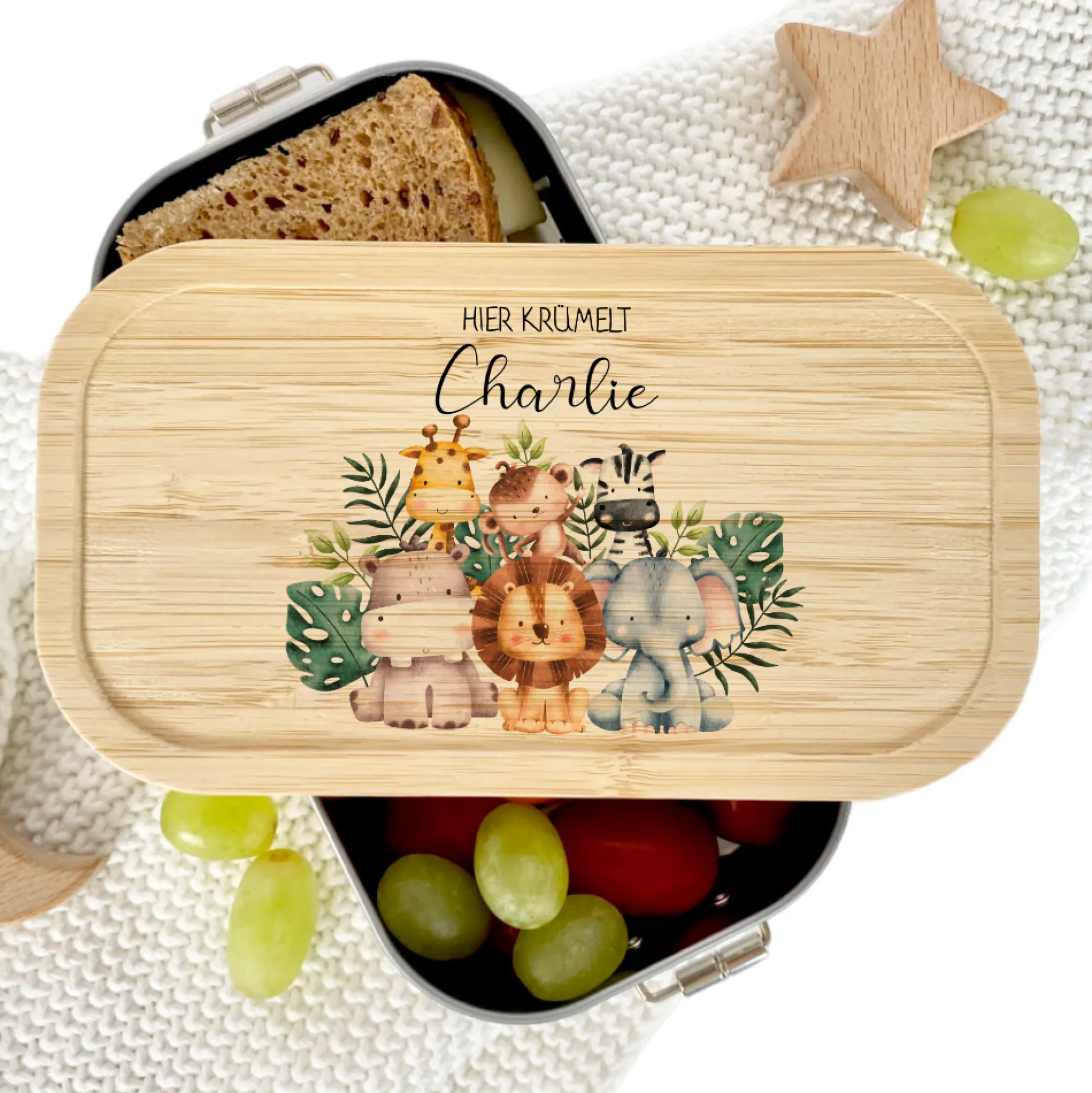 Lunchbox "Safari Tiere" wählbar in Edelstahl mit Bambusdeckel und Namen für Kinder | Brotdose mit Tiermotiv | Personalisiertes Geschenk für Kinder