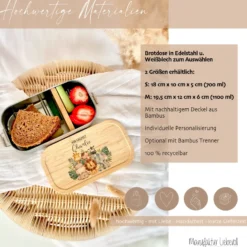Lunchbox "Safari Tiere" wählbar in Edelstahl mit Bambusdeckel und Namen für Kinder | Brotdose mit Tiermotiv | Personalisiertes Geschenk für Kinder