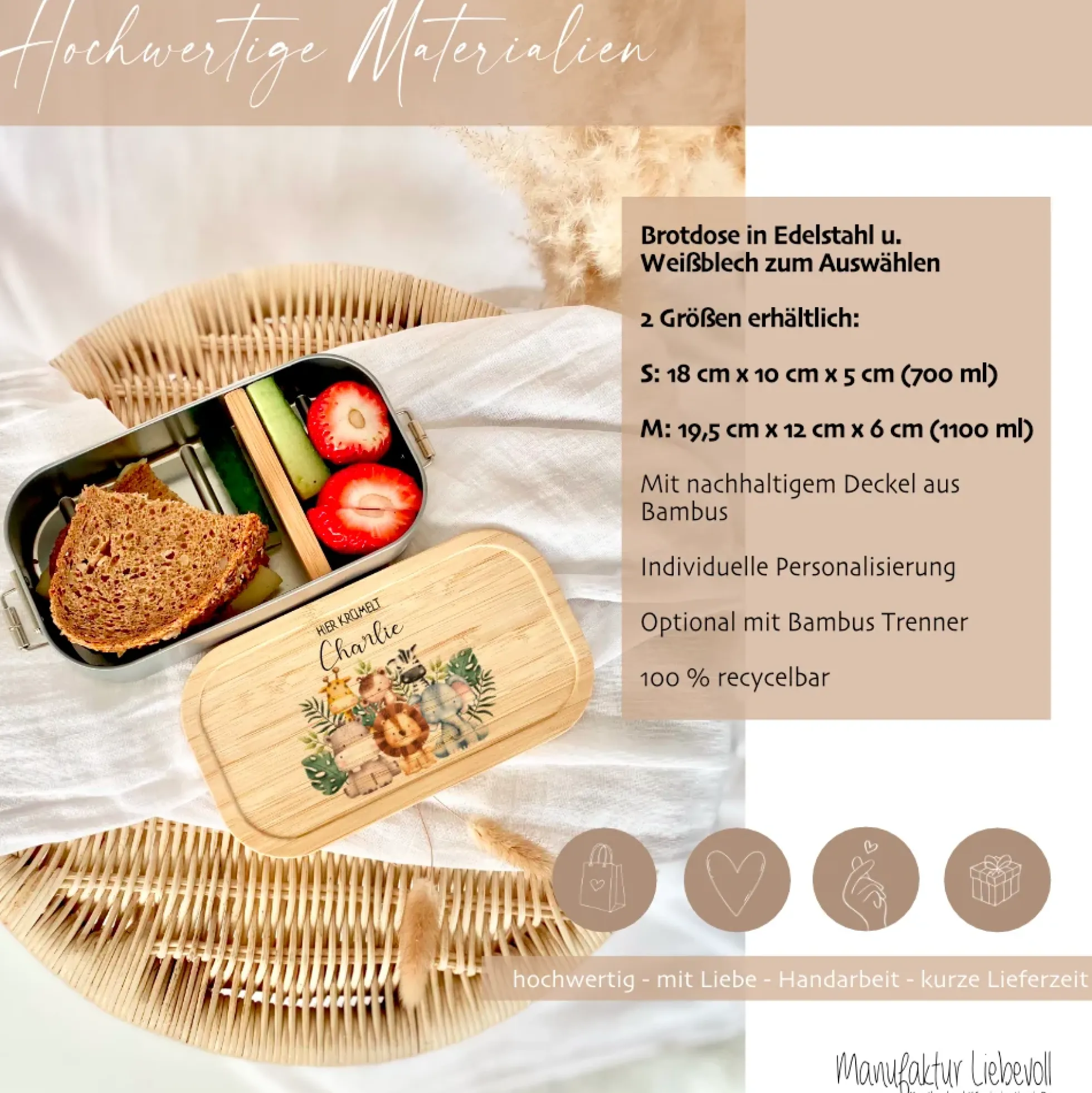 Lunchbox "Safari Tiere" wählbar in Edelstahl mit Bambusdeckel und Namen für Kinder | Brotdose mit Tiermotiv | Personalisiertes Geschenk für Kinder