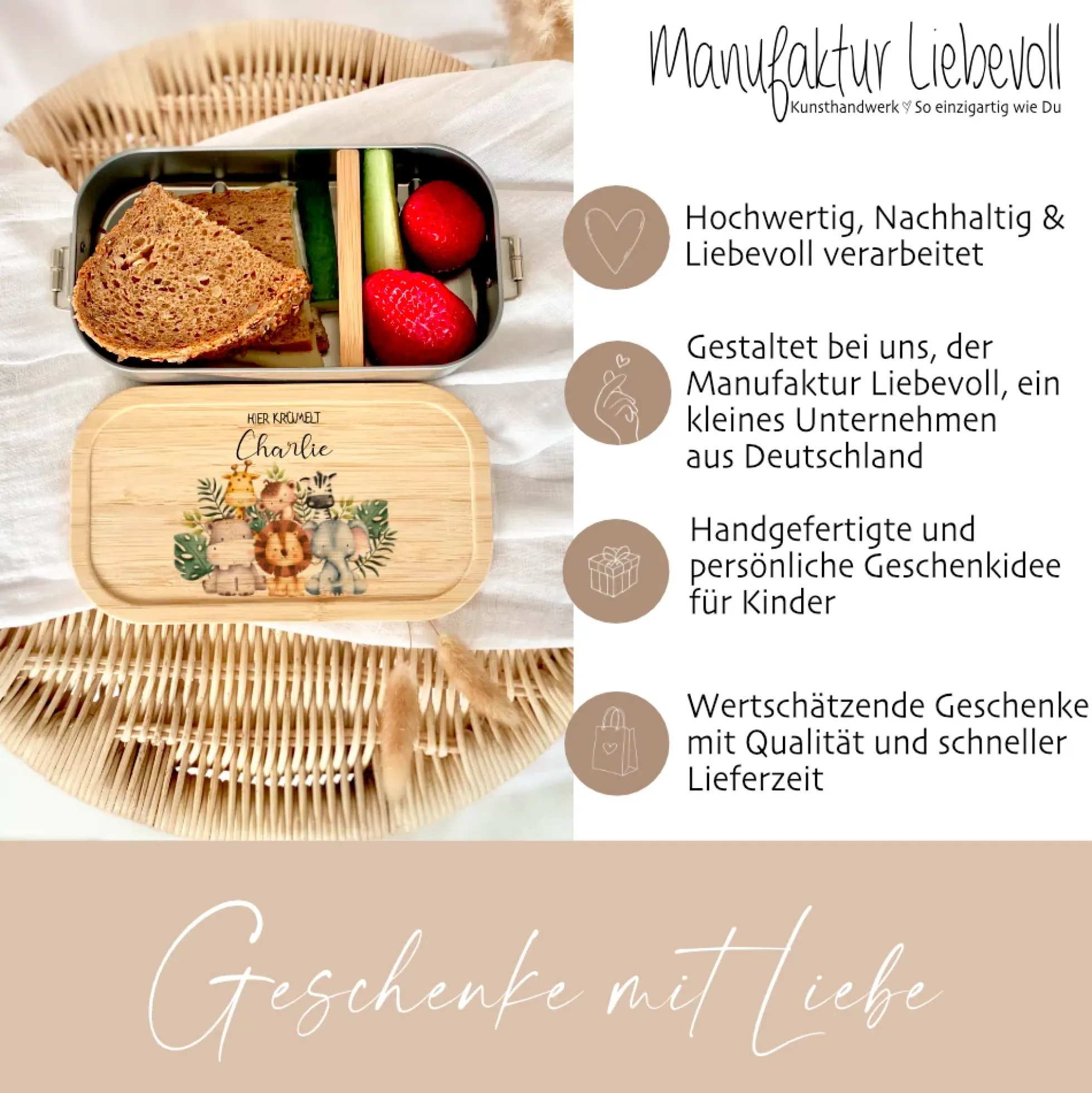 Lunchbox "Safari Tiere" wählbar in Edelstahl mit Bambusdeckel und Namen für Kinder | Brotdose mit Tiermotiv | Personalisiertes Geschenk für Kinder