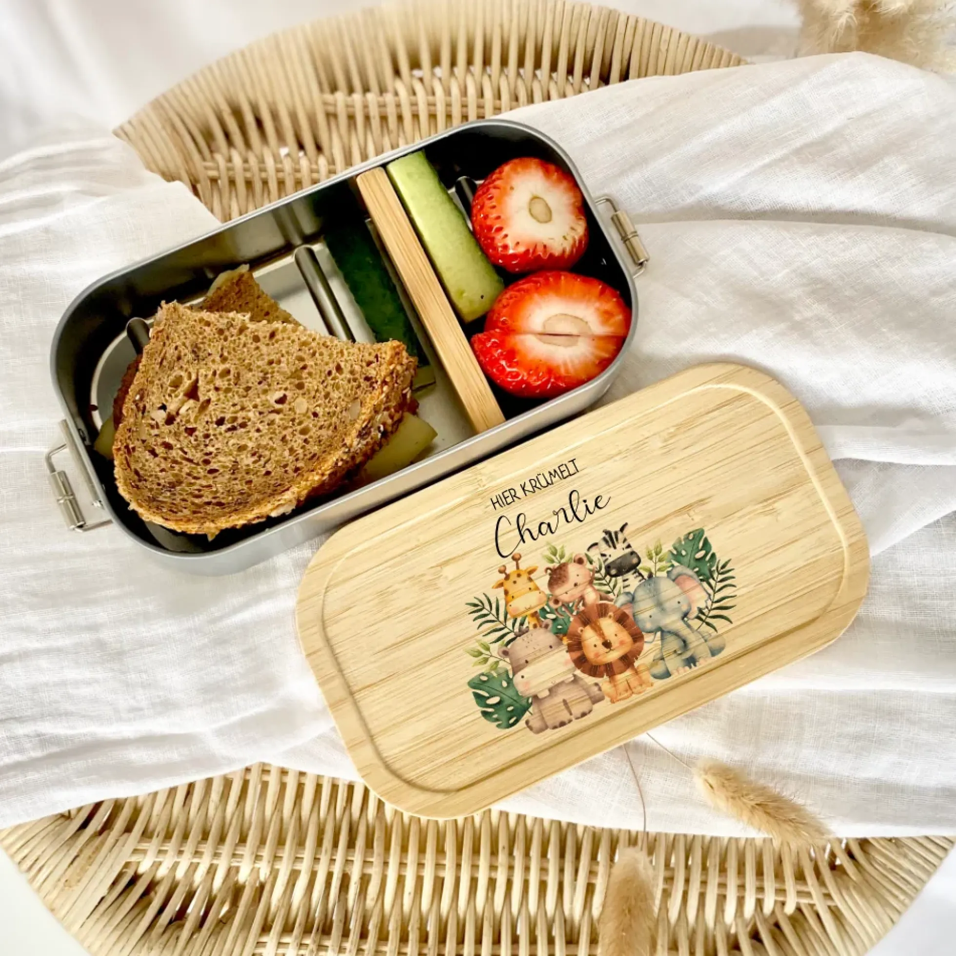 Lunchbox "Safari Tiere" wählbar in Edelstahl mit Bambusdeckel und Namen für Kinder | Brotdose mit Tiermotiv | Personalisiertes Geschenk für Kinder
