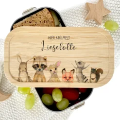 Lunchbox "Tiere" wählbar in Edelstahl mit Bambusdeckel und Namen für Kinder | Brotdose mit Tiermotiv | Personalisiertes Geschenk für Kinder