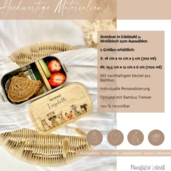 Lunchbox "Tiere" wählbar in Edelstahl mit Bambusdeckel und Namen für Kinder | Brotdose mit Tiermotiv | Personalisiertes Geschenk für Kinder