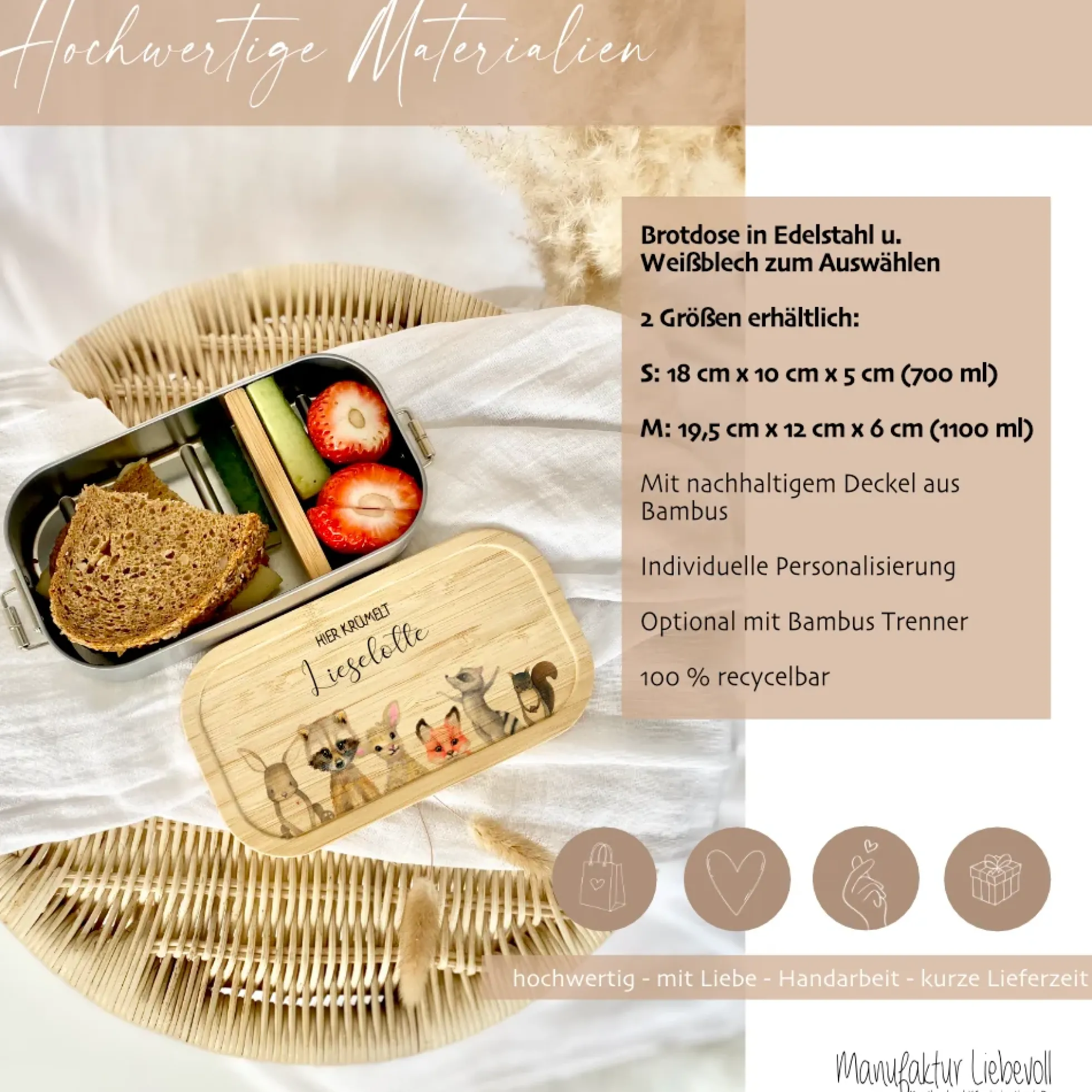 Lunchbox "Tiere" wählbar in Edelstahl mit Bambusdeckel und Namen für Kinder | Brotdose mit Tiermotiv | Personalisiertes Geschenk für Kinder