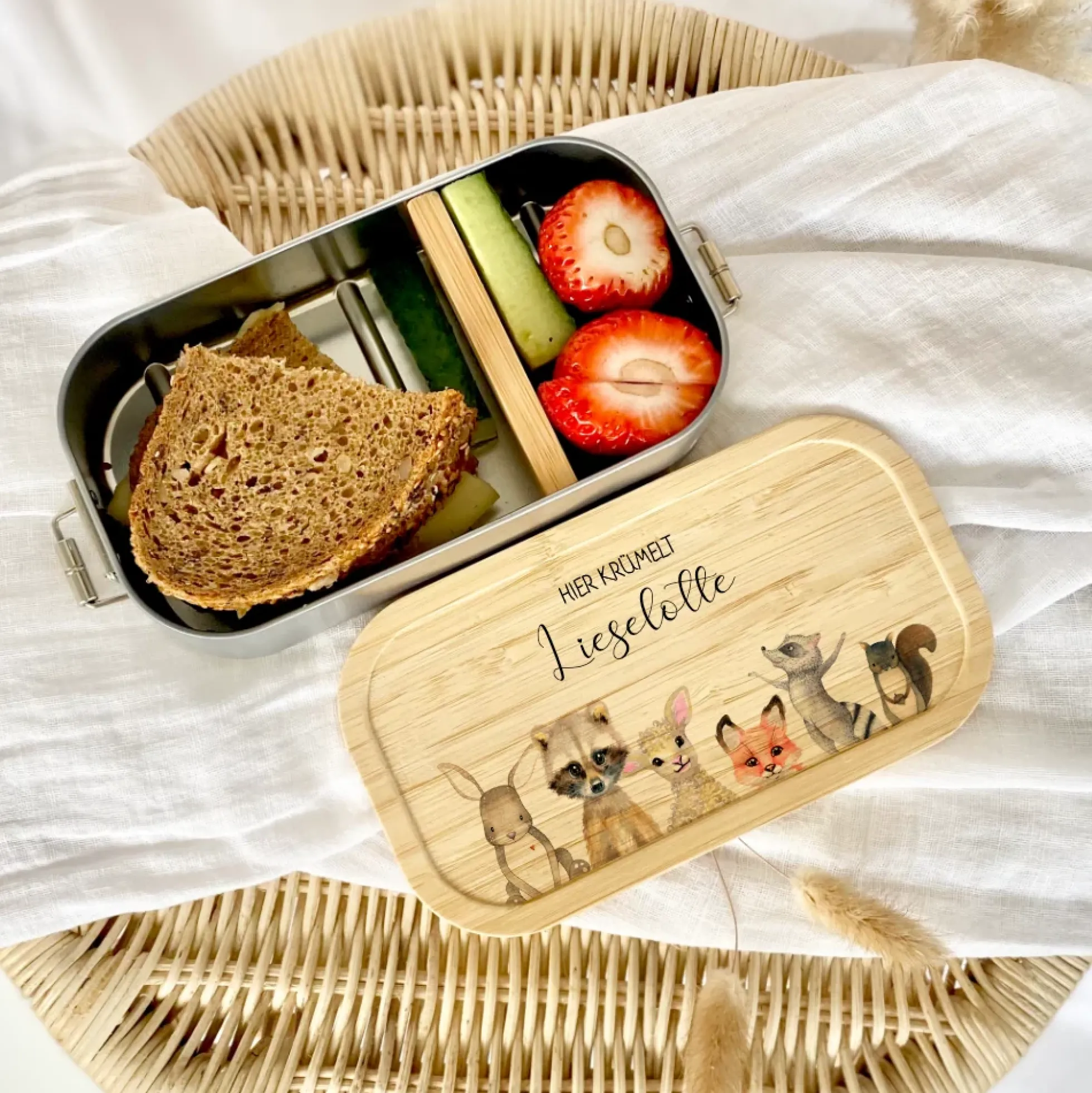 Lunchbox "Tiere" wählbar in Edelstahl mit Bambusdeckel und Namen für Kinder | Brotdose mit Tiermotiv | Personalisiertes Geschenk für Kinder