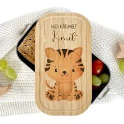Lunchbox "Tiger" wählbar in Edelstahl mit Bambusdeckel und Namen für Kinder | Brotdose mit Tiermotiv | Personalisiertes Geschenk für Kinder