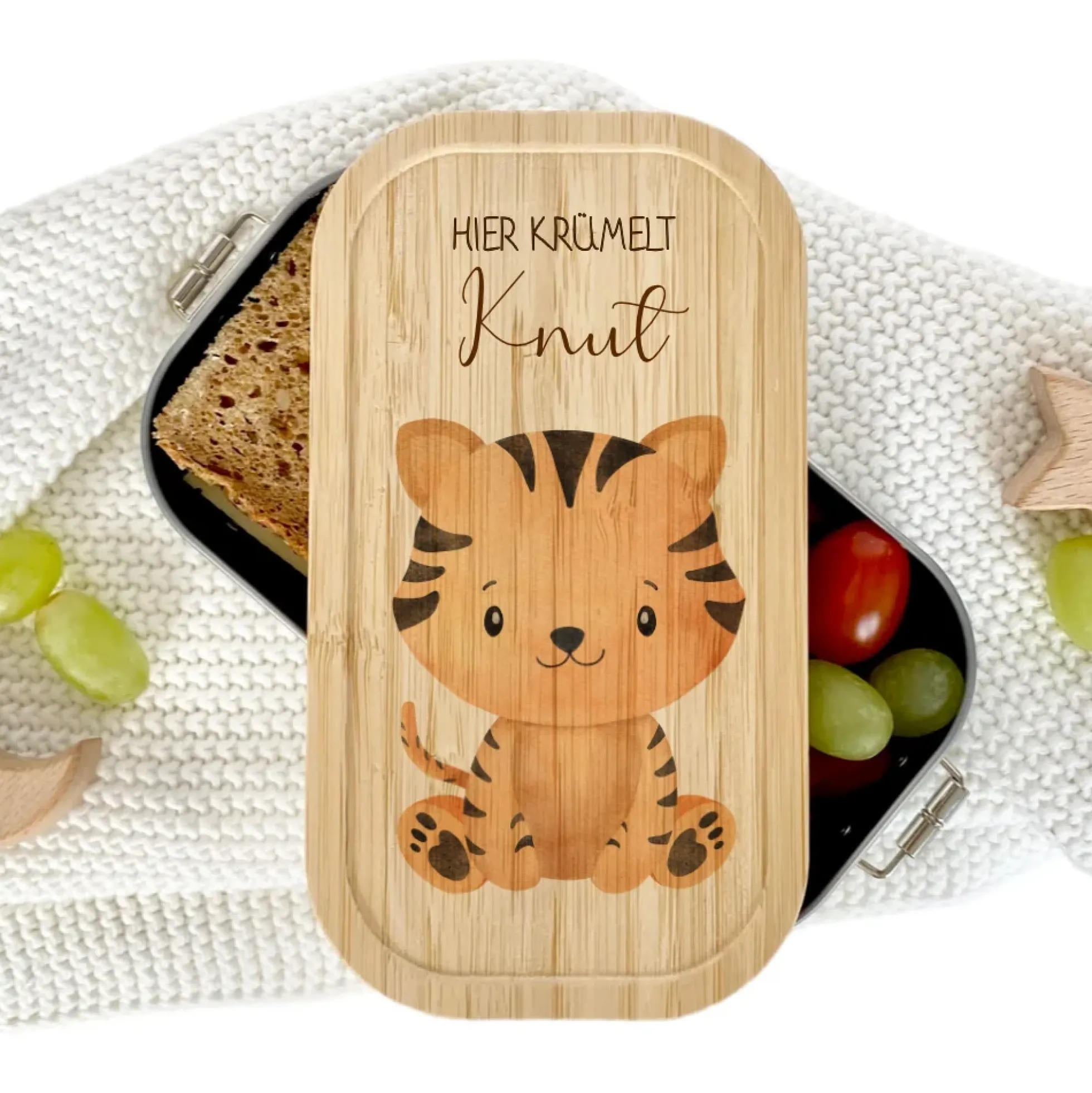 Lunchbox "Tiger" wählbar in Edelstahl mit Bambusdeckel und Namen für Kinder | Brotdose mit Tiermotiv | Personalisiertes Geschenk für Kinder