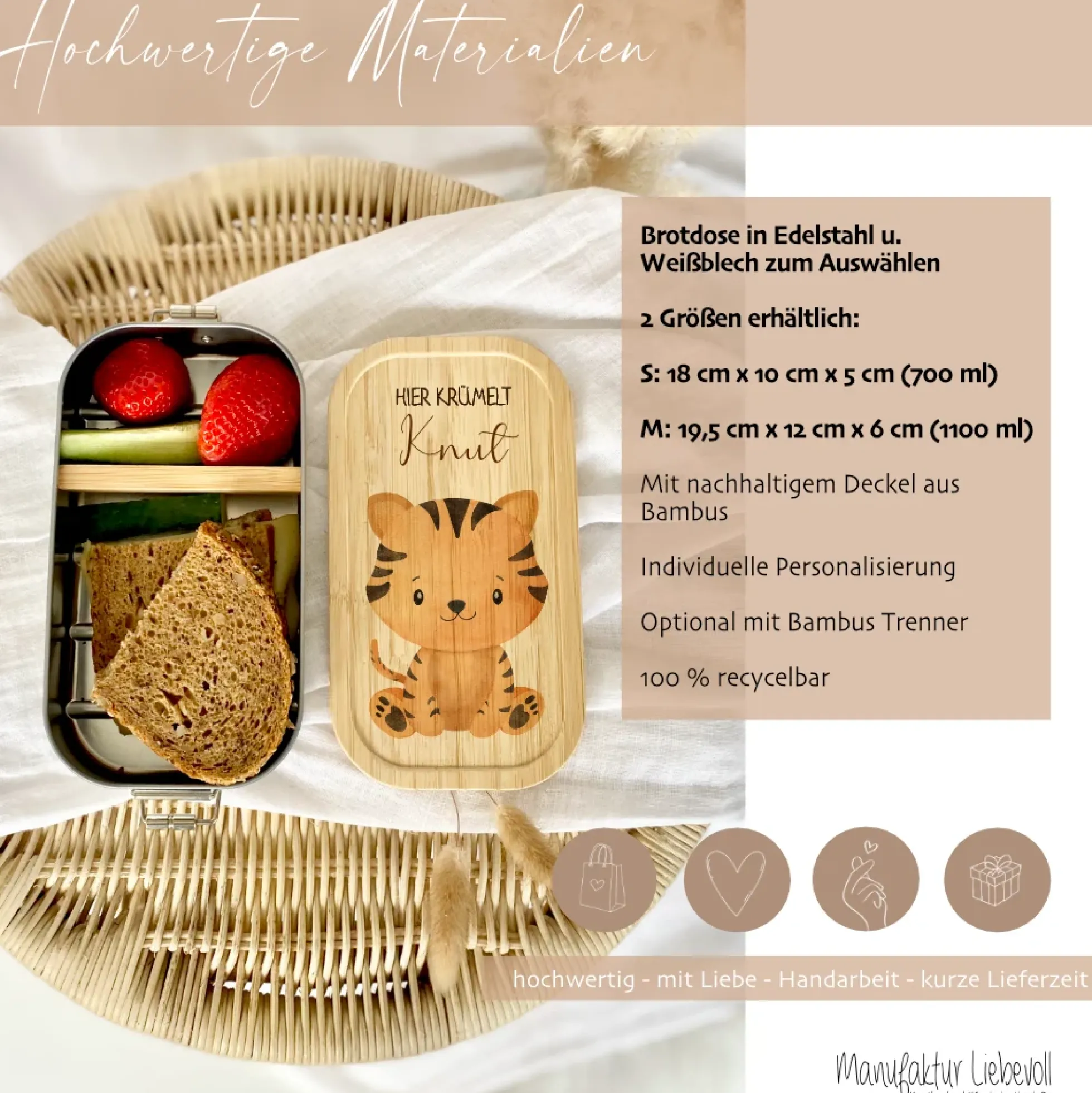 Lunchbox "Tiger" wählbar in Edelstahl mit Bambusdeckel und Namen für Kinder | Brotdose mit Tiermotiv | Personalisiertes Geschenk für Kinder