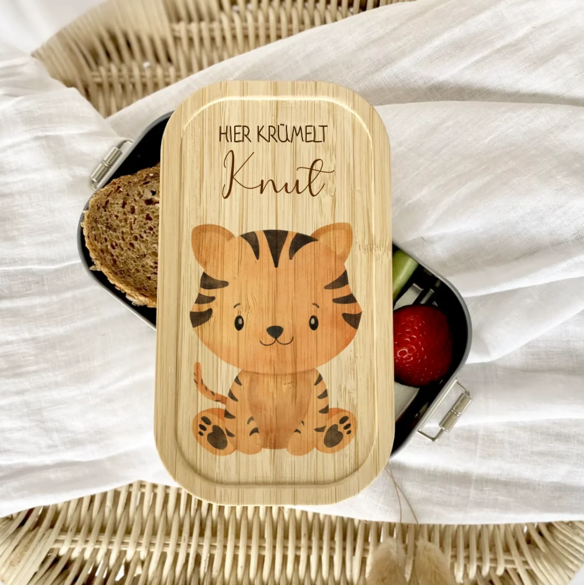 Lunchbox "Tiger" wählbar in Edelstahl mit Bambusdeckel und Namen für Kinder | Brotdose mit Tiermotiv | Personalisiertes Geschenk für Kinder