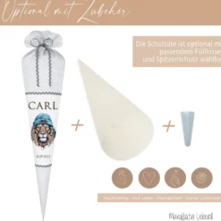 Löwen Stoff Schultüte in Grau für Jungen mit Namen Tier Einschulungstüte Einschulungsdatum Zuckertüte Füllkissen 70 cm personalisiert | Optional mit Füllkissen und Spitzenschutz