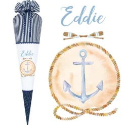Maritime Schultüte für Jungen | Personalisiert mit dem Namen | Stoffschultüte in Blau mit Anker | Optional mit Füllkissen und Spitzenschutz